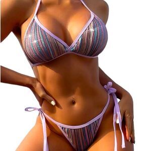 Pastel Mermaidcore Barbiecore Striped Metallic Halter Triangle Bikini